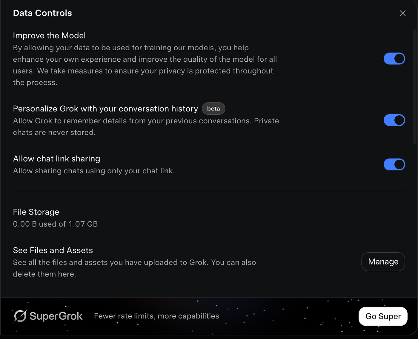 Grok's Data Controls, with the memory setting on by default